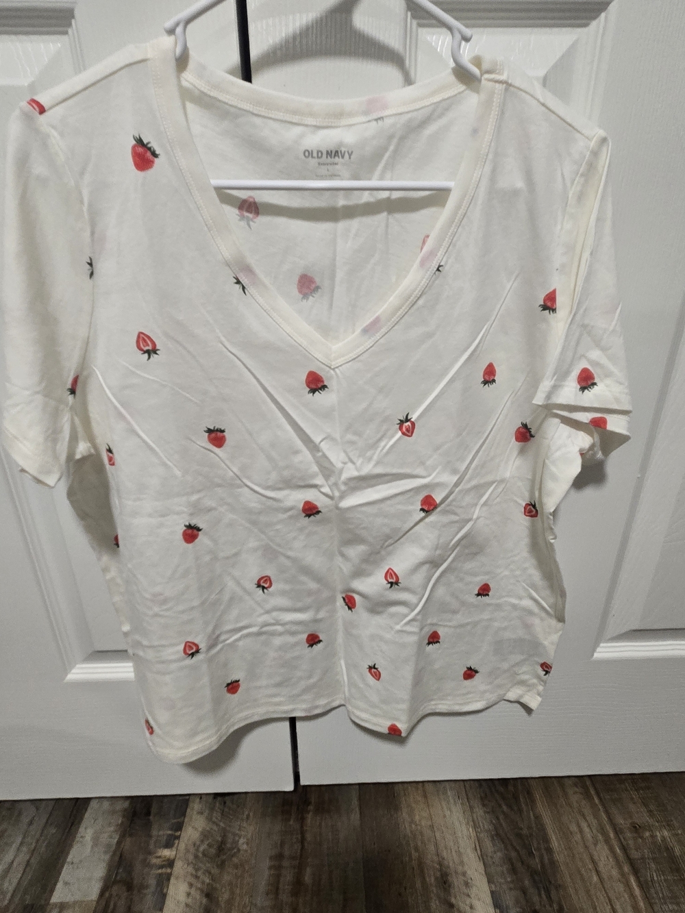 Old Navy Cream V-Neck Tee with Red Strawberry Motif